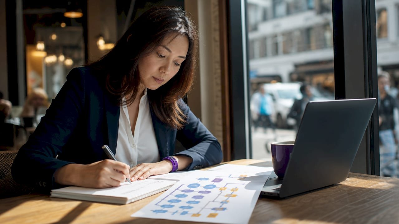 Business analyst reviewing automation workflows at office desk