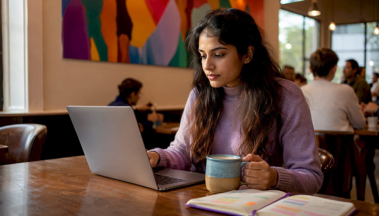 Woman browsing AI prompt marketplaces at home desk