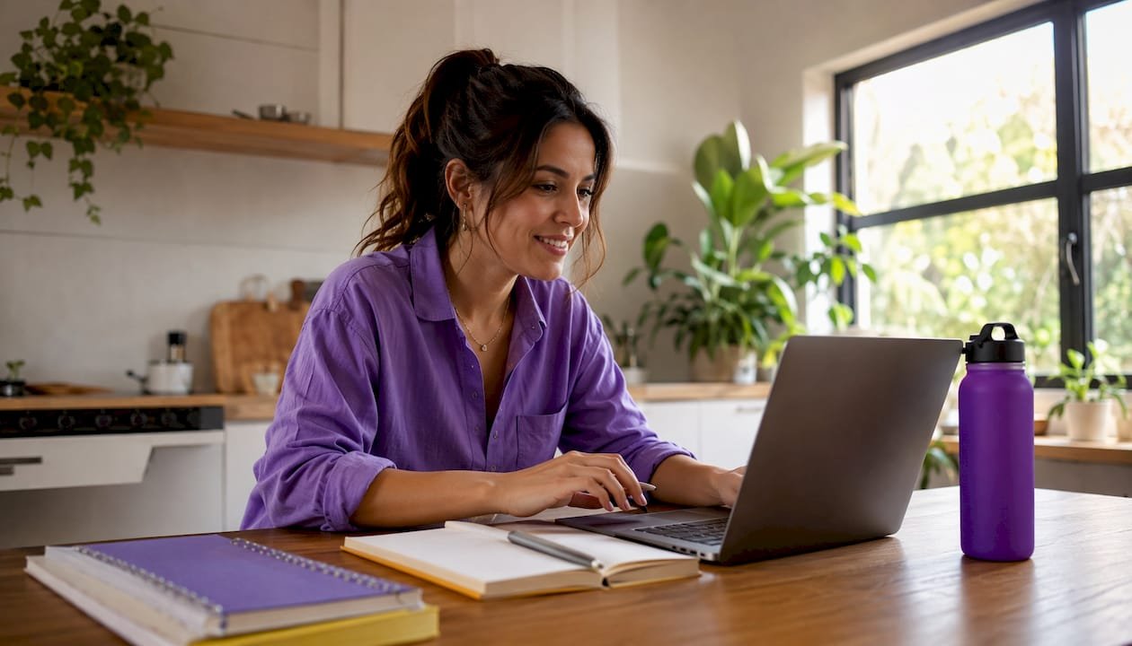 Woman working with AI content tools at home desk
