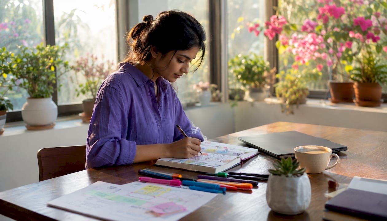 Freelancer planning content marketing funnel at desk