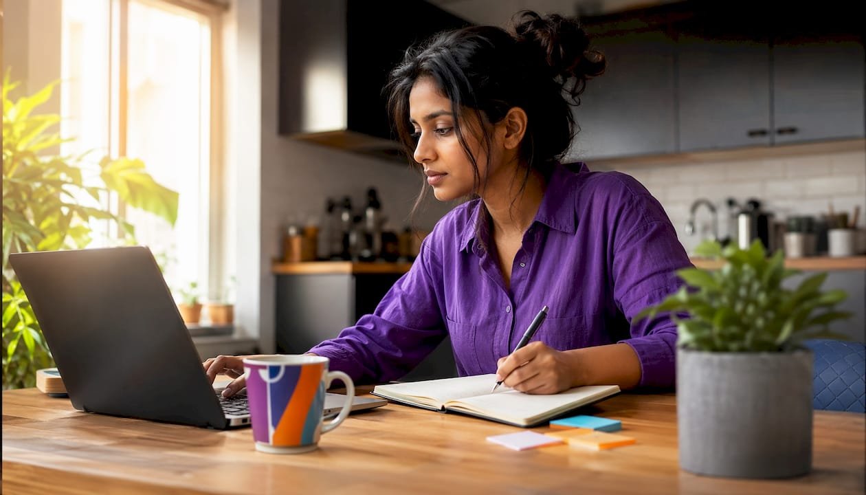 Freelancer typing on laptop in home office lit by morning sun